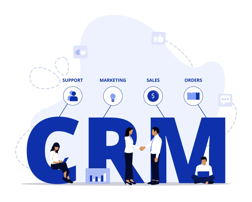 "Isometric CRM illustration showing business team working on analytics dashboards, customer data, charts, and automation tools within a CRM system interface."