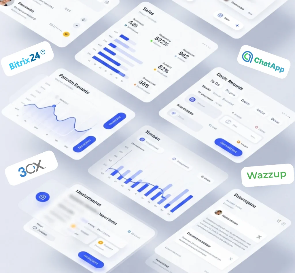 Business Technology dashboard showing Bitrix24, 3CX, WazzUp, and ChatApp integrations with analytics and workflow interface cards.